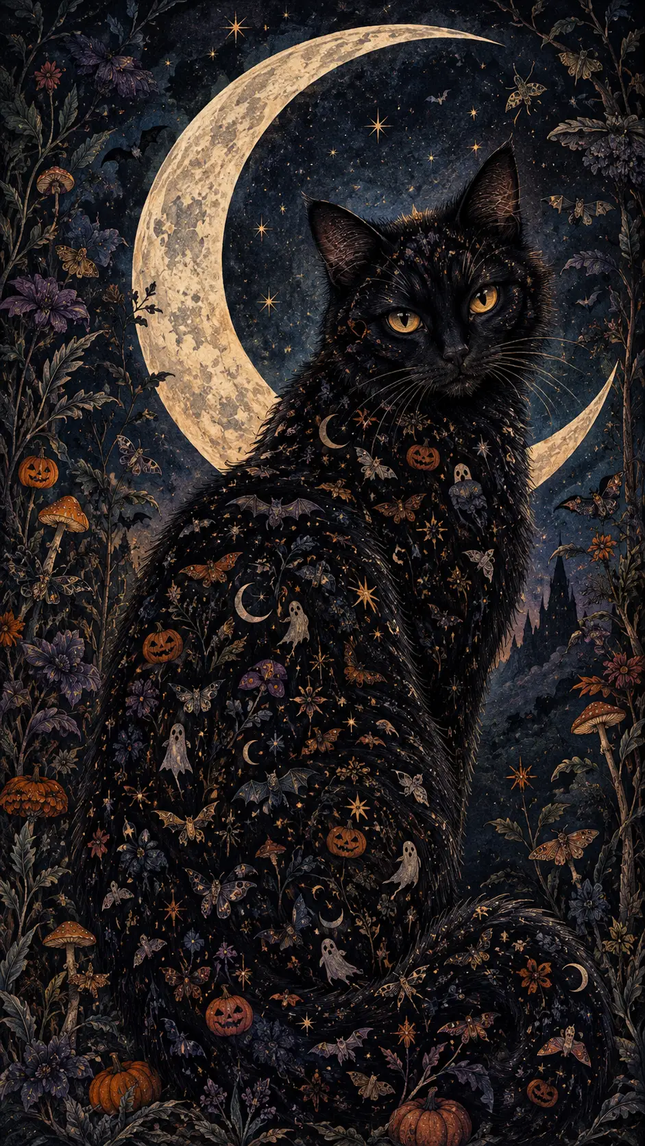 A black cat sits beneath a crescent moon in symbolic darkness