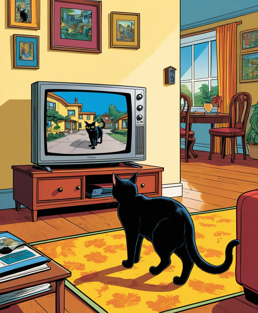 Eine schwarze Katze schleicht durchs Wohnzimmer