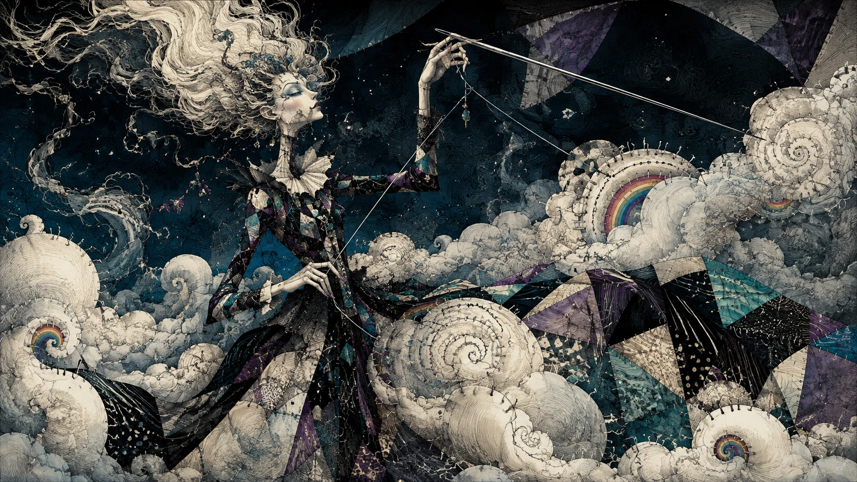 幻想女子用長針縫合雲朵