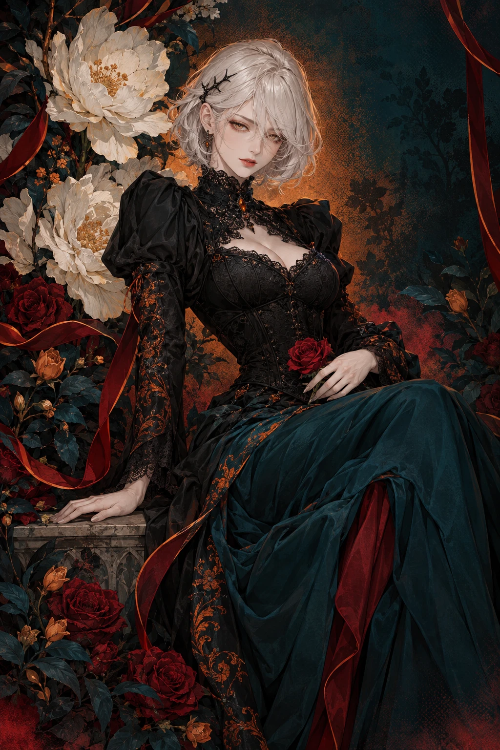 Frau im Gothic-Stil zwischen elfenbeinfarbenen Blüten und tiefroten Rosen