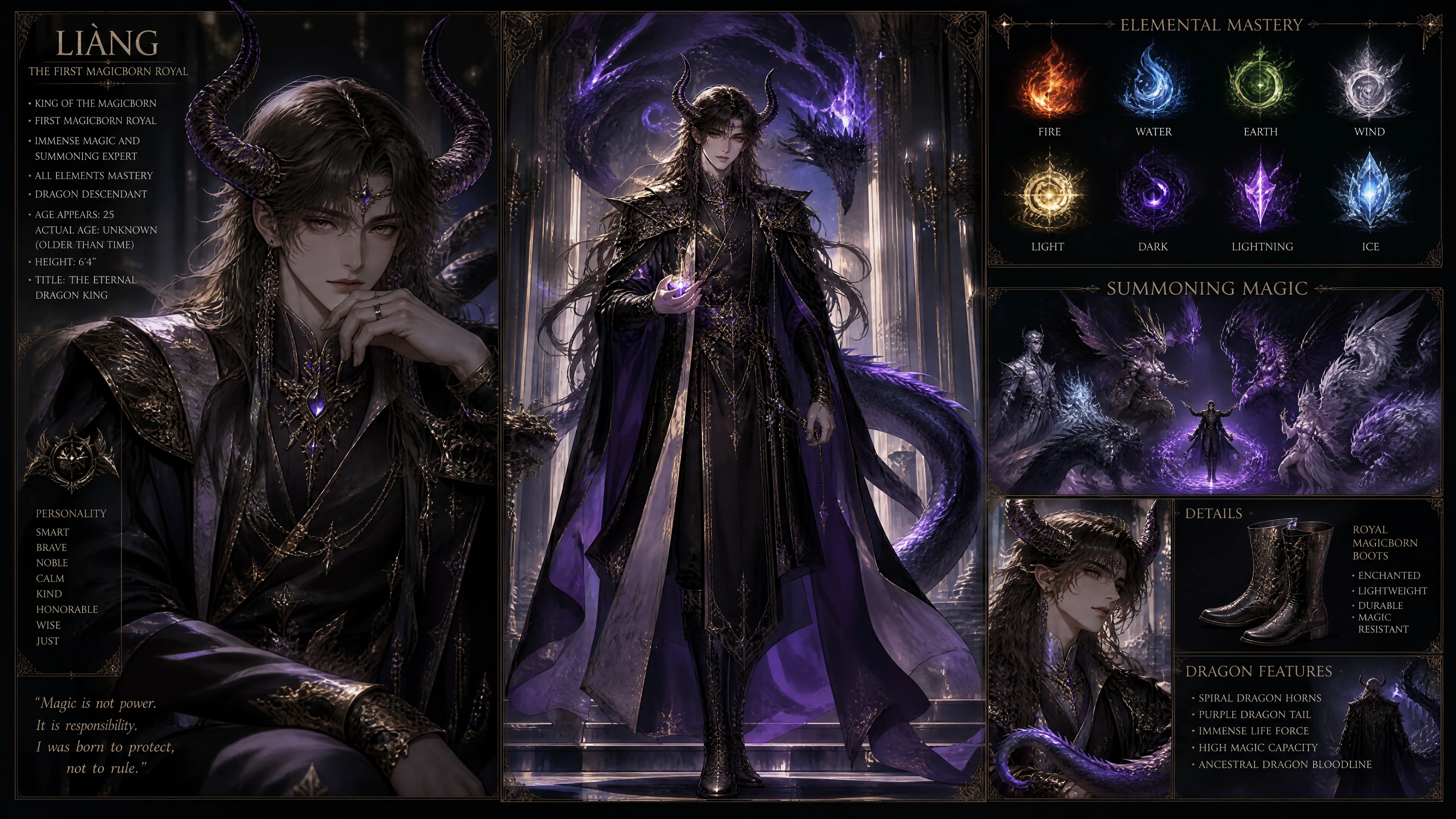 Ein Fantasy-König mit spiralförmigen Drachenhörnern und violett behaartem Schwanz