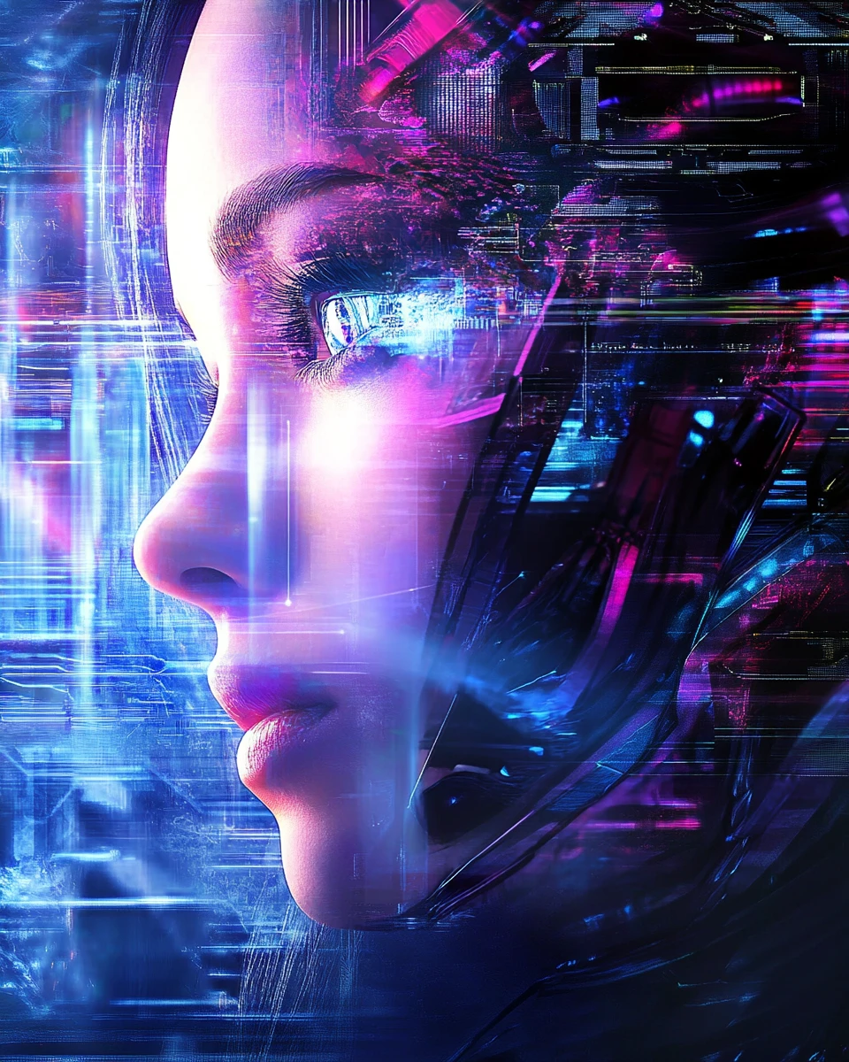 Uma mulher futurista combina traços de mangá com arte digital onírica