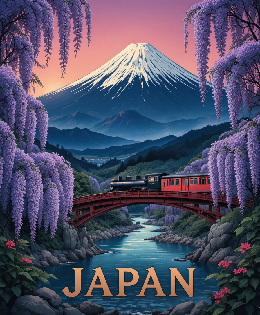 Monte Fuji por trás das glicínias enquanto um trem a vapor atravessa uma ponte