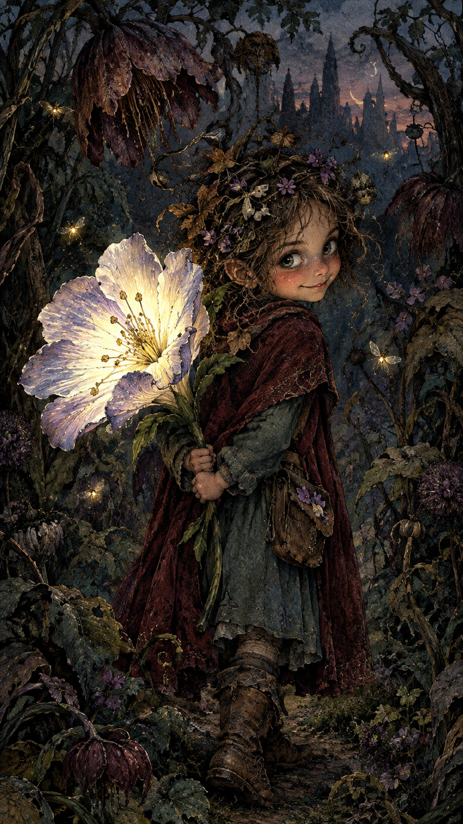 Un bambino del bosco nasconde un fiore luminoso in un giardino al crepuscolo