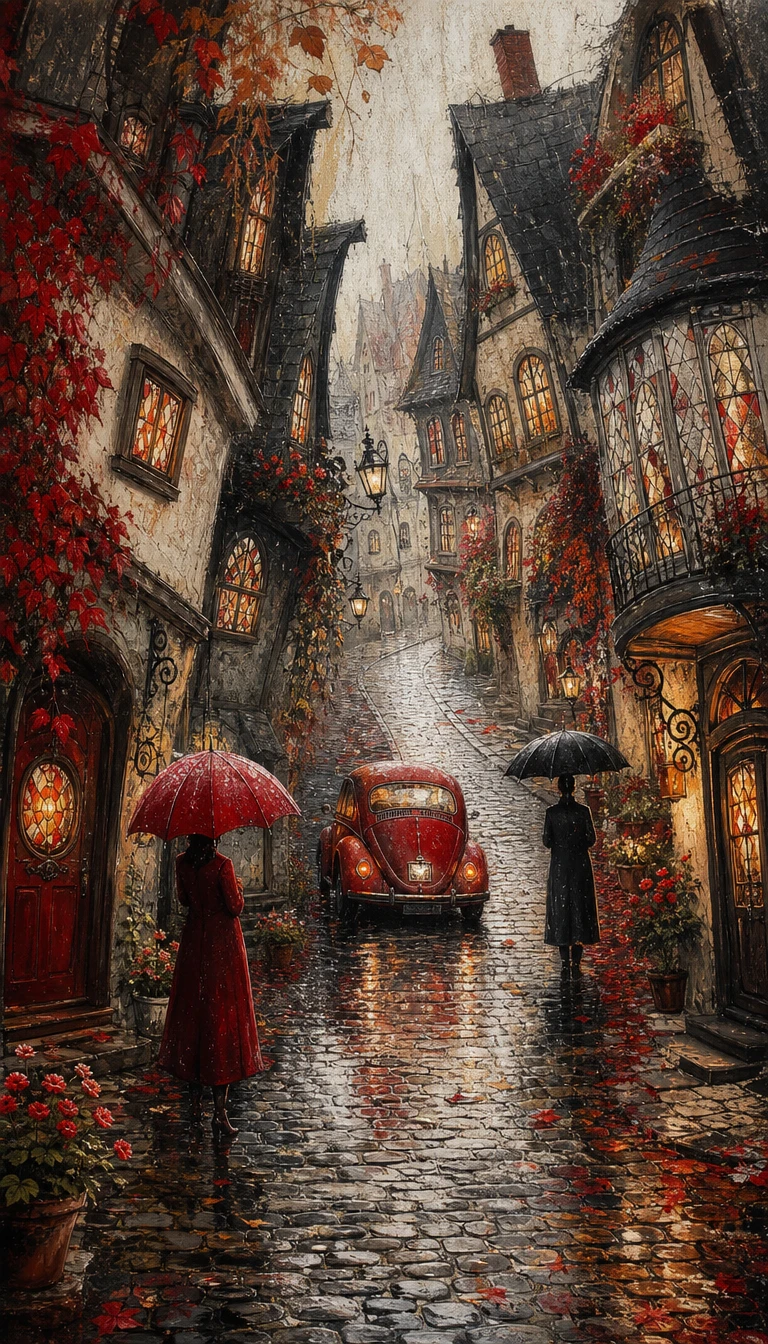 Um carro antigo vermelho sobe uma rua de paralelepípedos molhada pela chuva