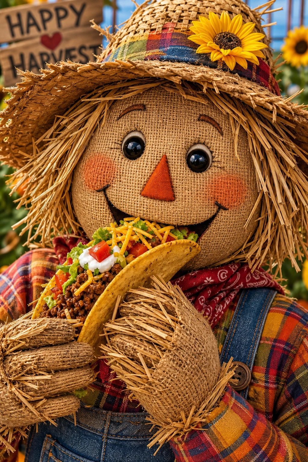 Um espantalho de palha sorridente saboreia um taco bem recheado em close