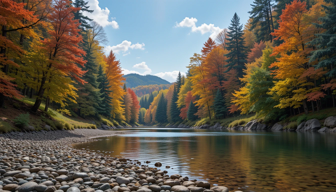 Une forêt aux couleurs de l’arc-en-ciel au bord d’une rivière, avec un pont en bois