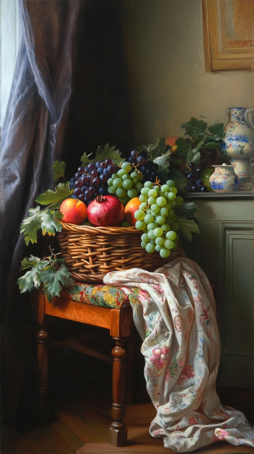A fruit basket of grapes, pomegranate, and peaches on a wooden chair