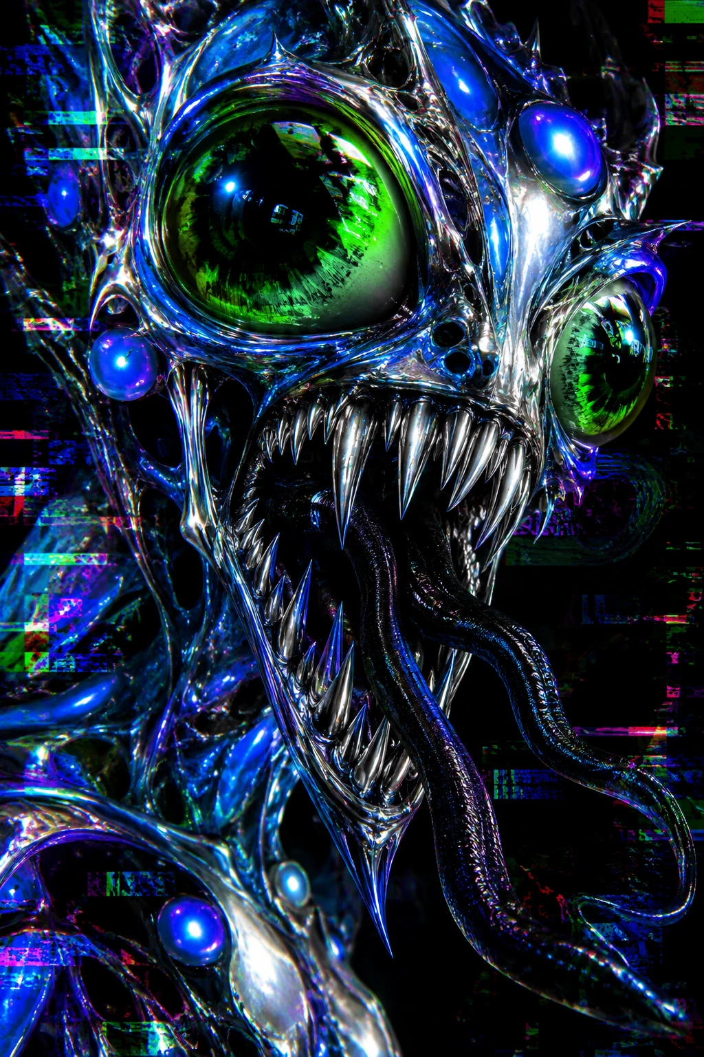 Un monstruo alienígena grotesco con ojos verdes, colmillos metálicos y lenguas serpentinas
