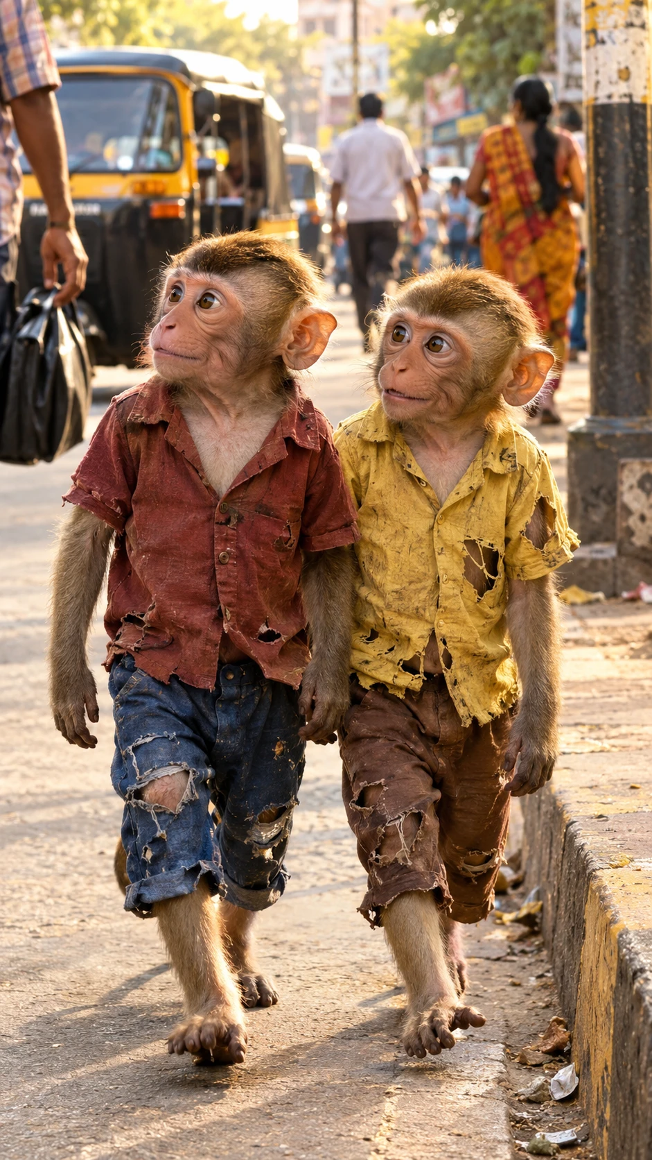 Two baby monkeys walk side by side along an Indian city street