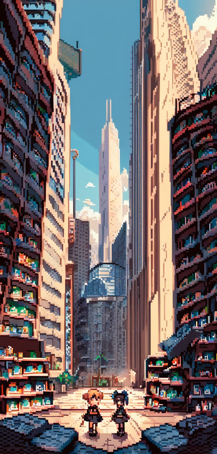 Uma garota em pixel art escolhe um livro e um pergaminho em uma biblioteca