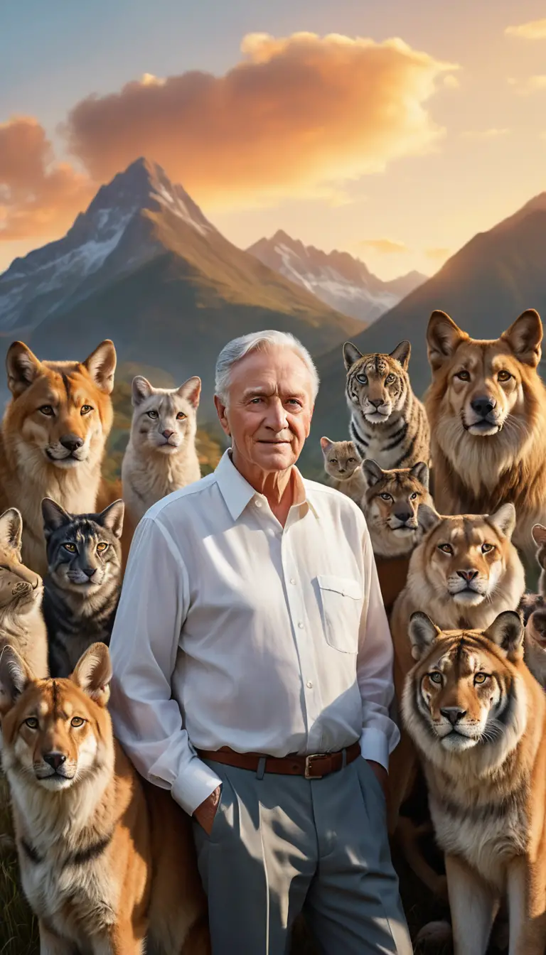 夕陽映照山巒，一位年長男子站在休憩的動物之間