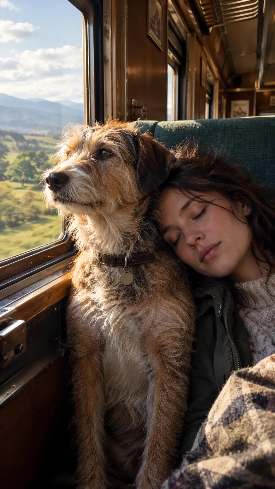 救援犬陪伴熟睡的主人，眺望鄉間風景