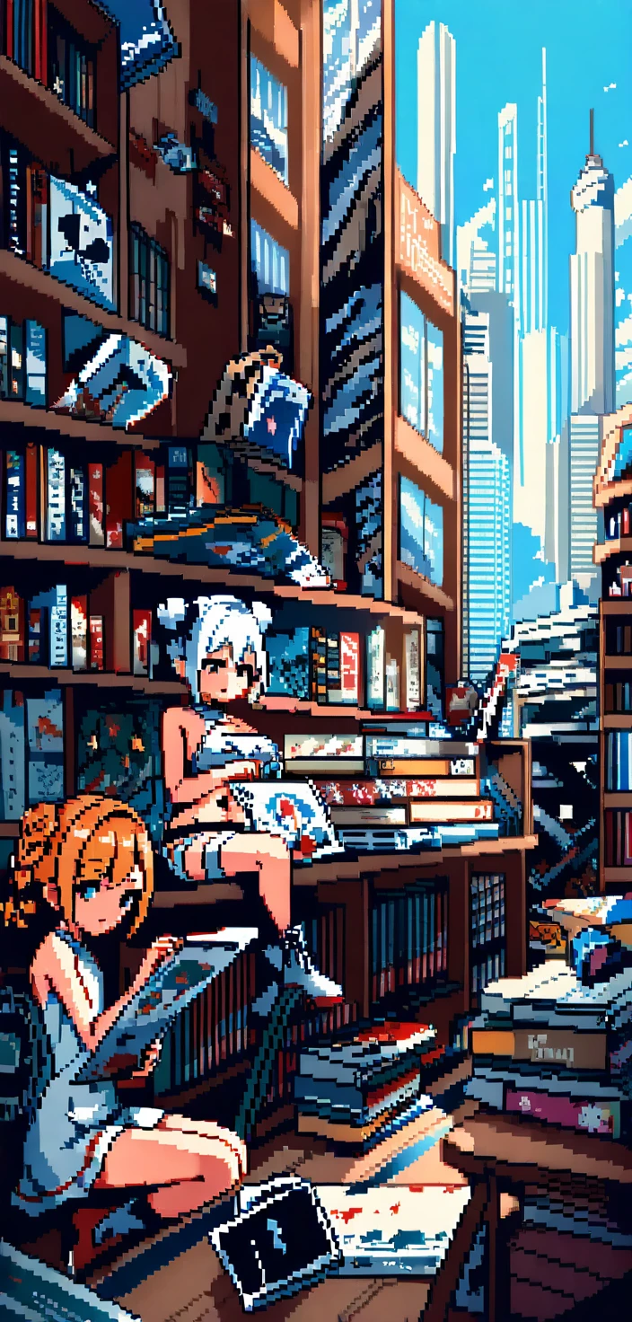 Uma garota em pixel art escolhe um livro e um pergaminho em uma biblioteca