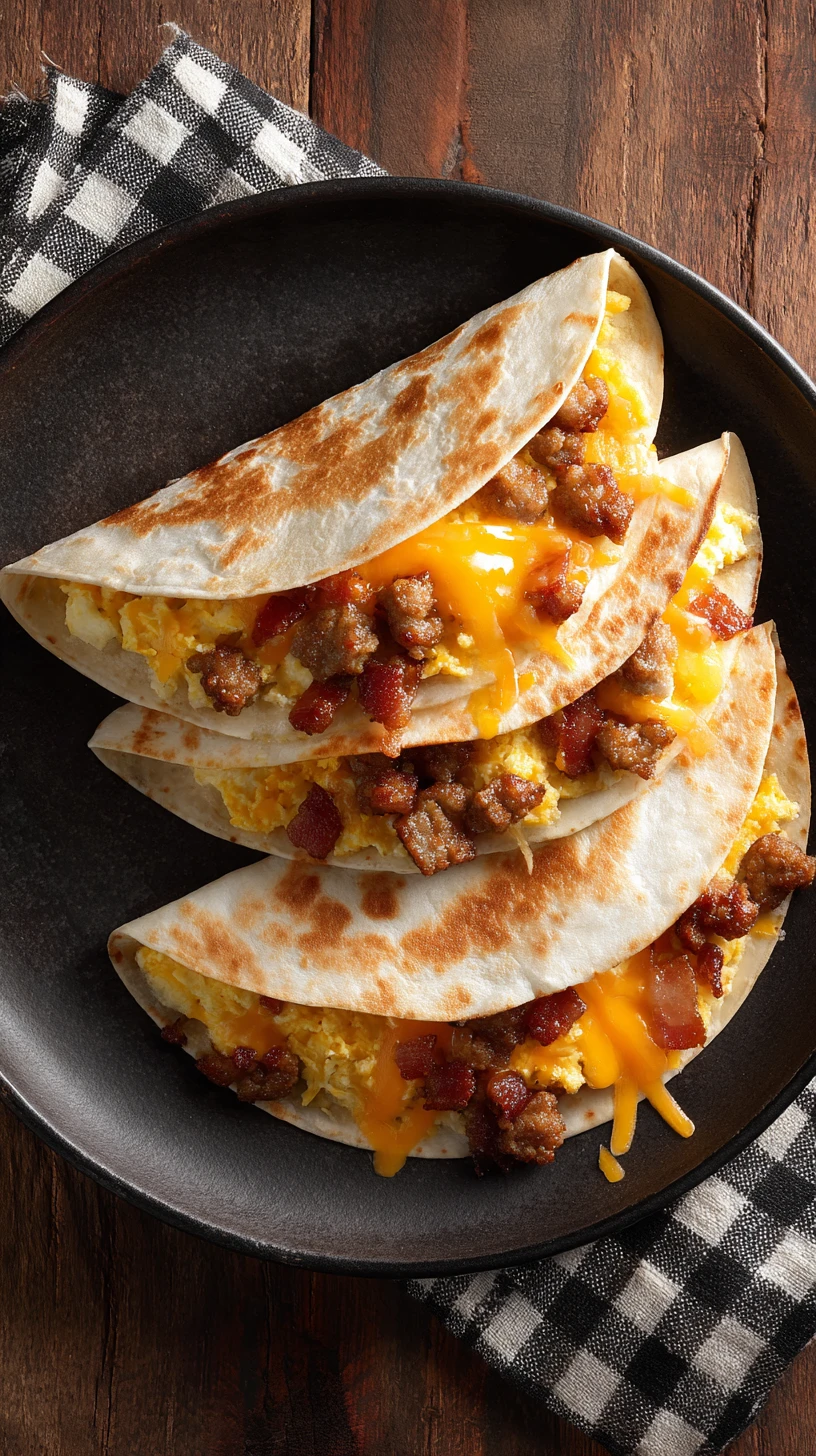 Knusprige Frühstücks-Quesadilla mit Ei, Käse, Wurst und Bacon