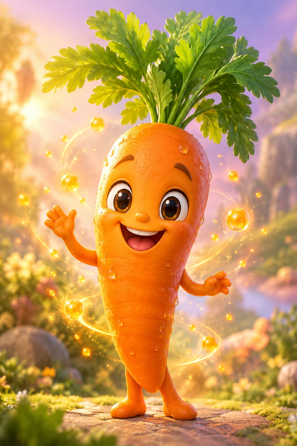 A cheerful carrot character smiles in a magical nature-inspired setting