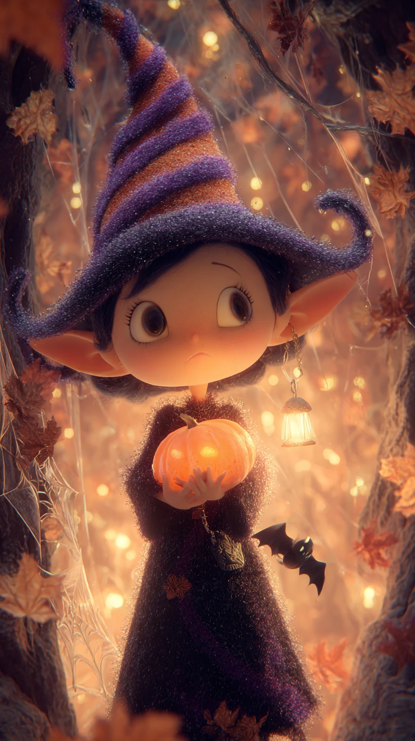 Uma bruxa encantadora segura uma abóbora de Halloween iluminada numa floresta mágica