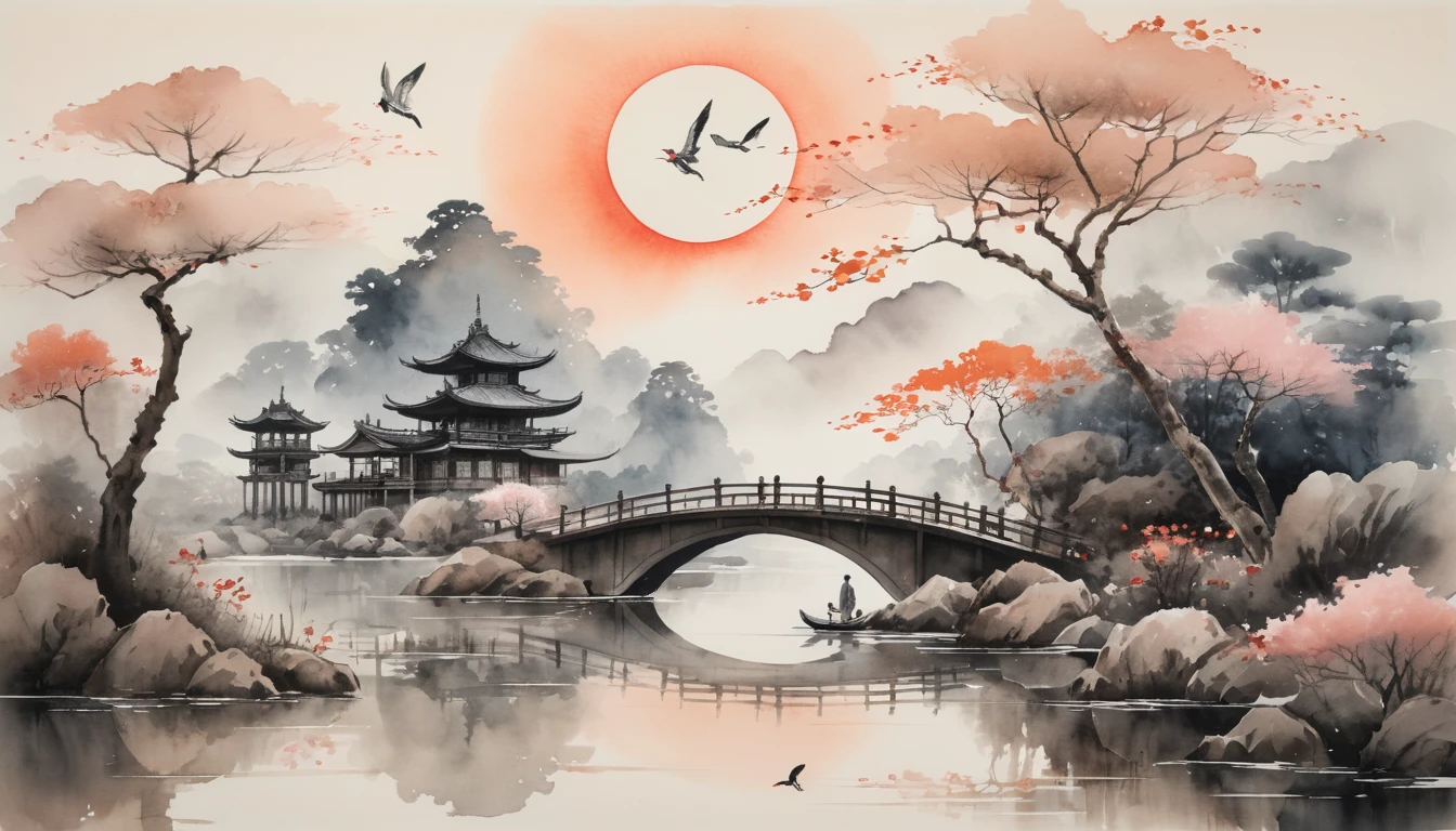 Un tranquilo paisaje japonés con pagodas, flores y un sol rojo