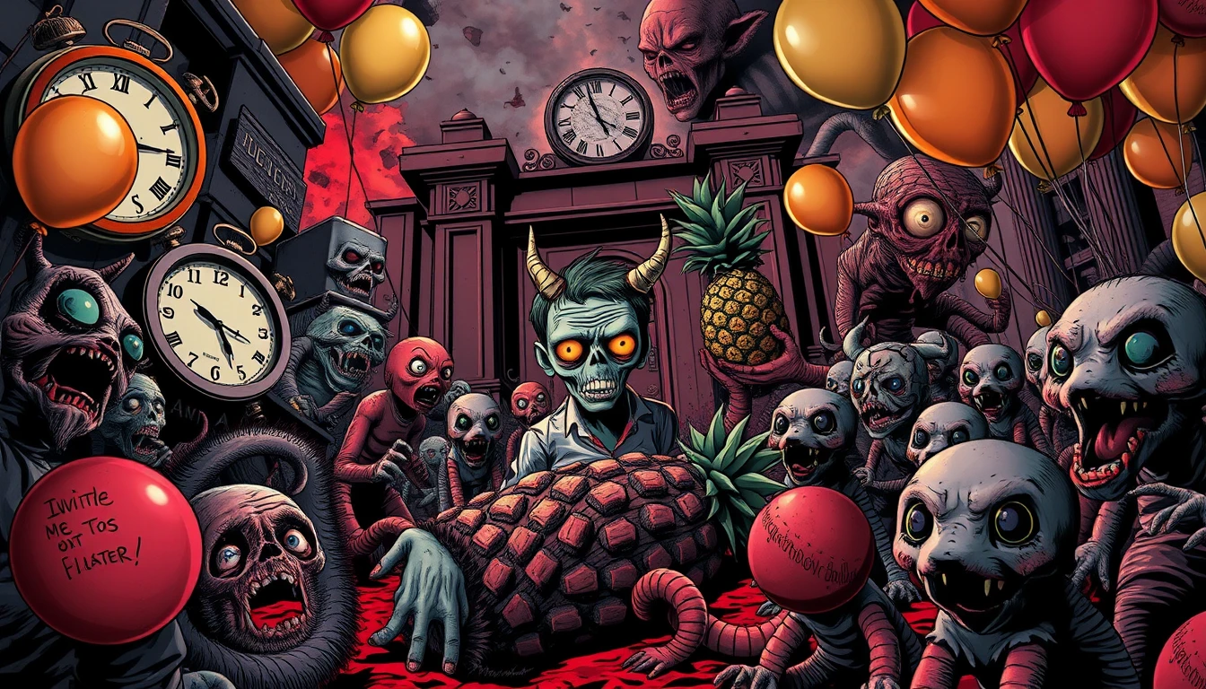 Ein in die Enge getriebener vegetarischer Zombie sieht sich in einem surrealen Höllenszenario nach ihm greifenden Objekten gegenüber