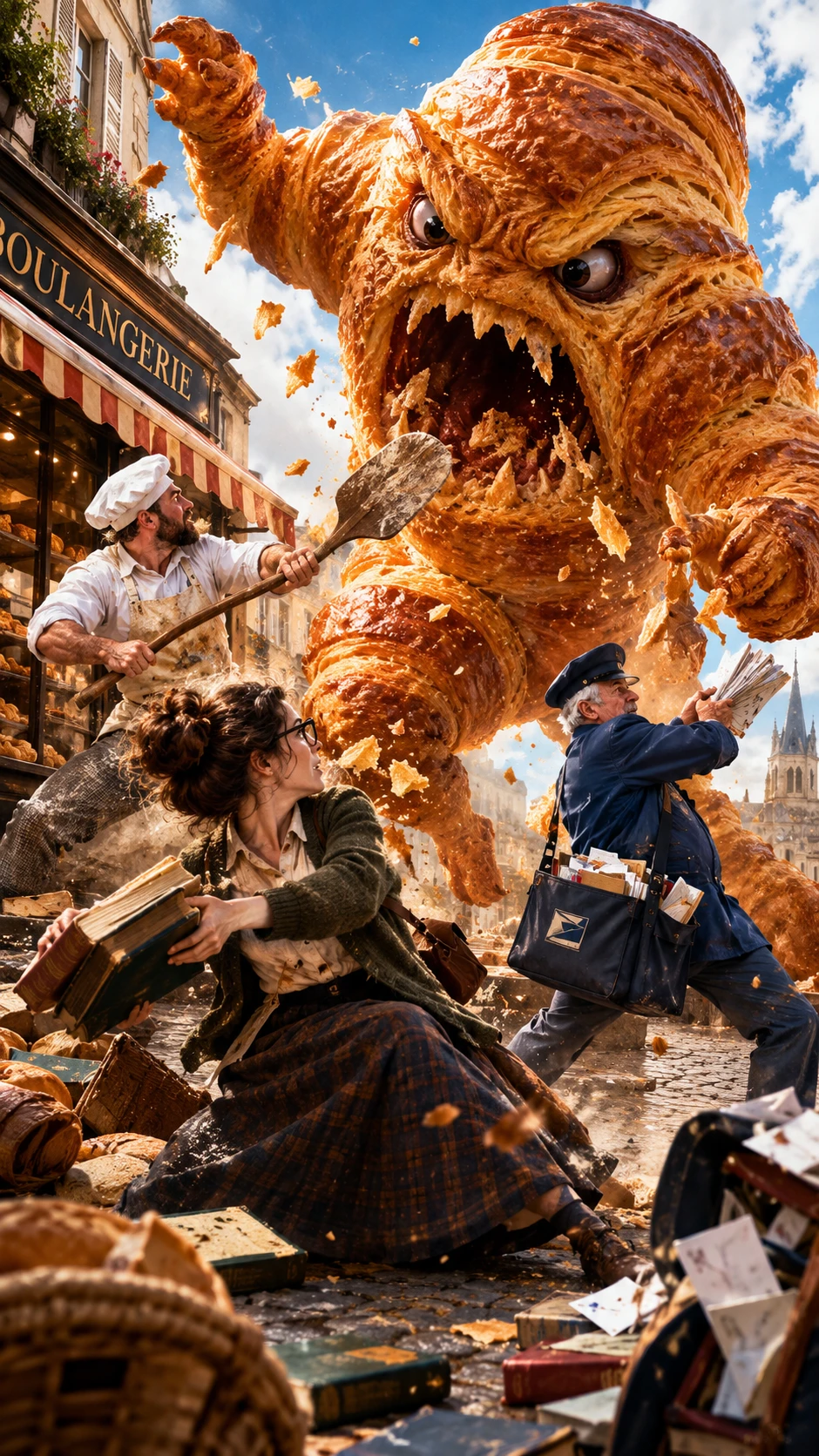 Des héros du quotidien affrontent un croissant colossal et vivant dans une comédie surréaliste