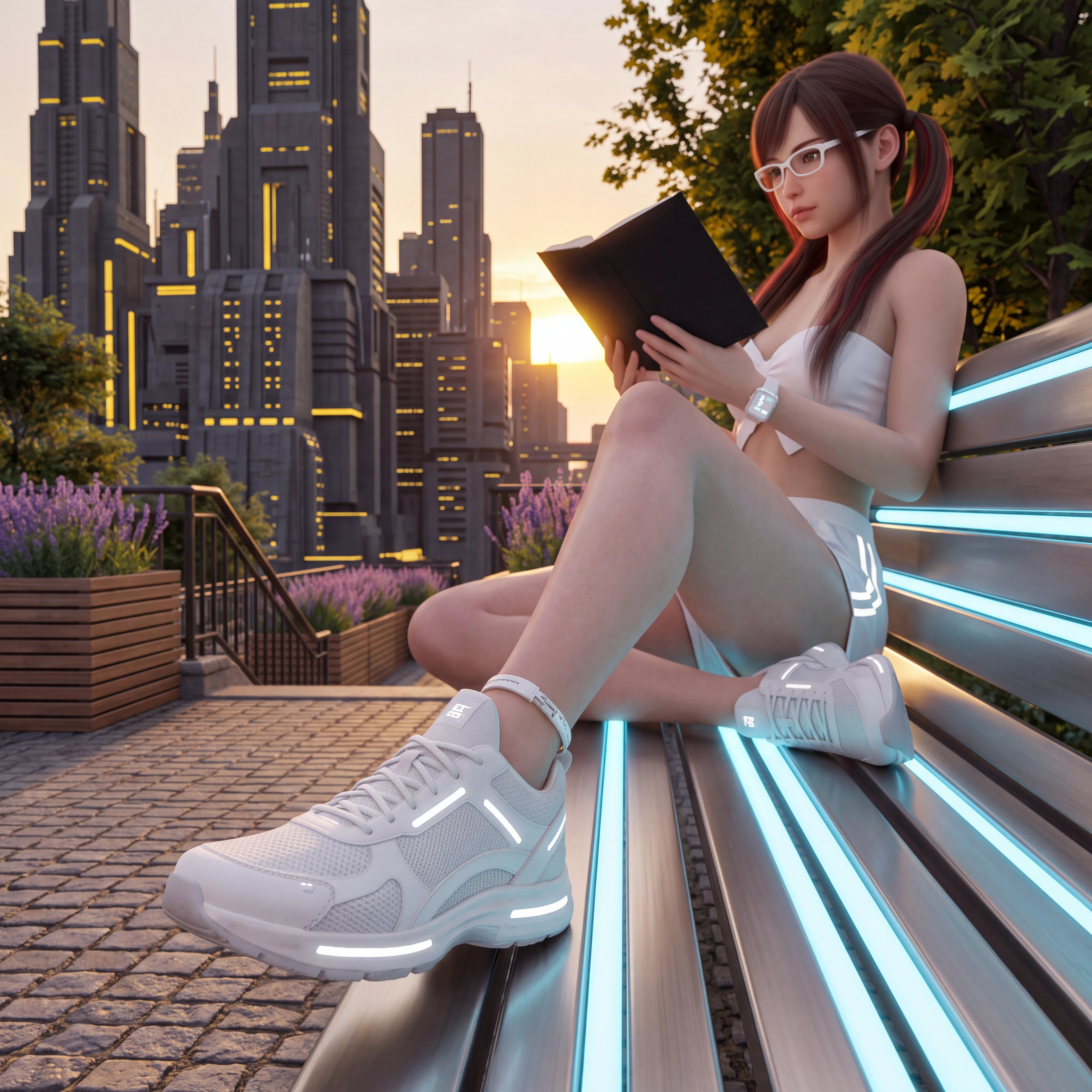 Une jeune femme lit sur un banc au-dessus d'un escalier dans une ville futuriste