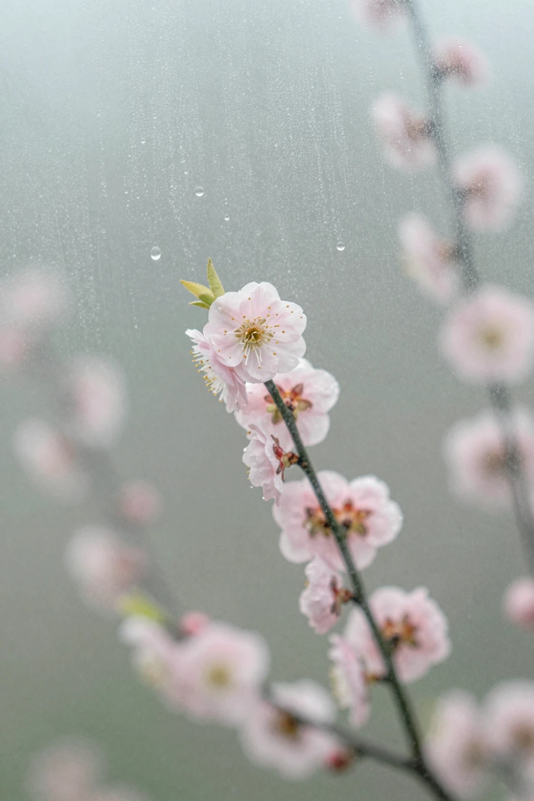 Flores de ameixeira cor-de-rosa e folhas verdes por trás de vidro fosco