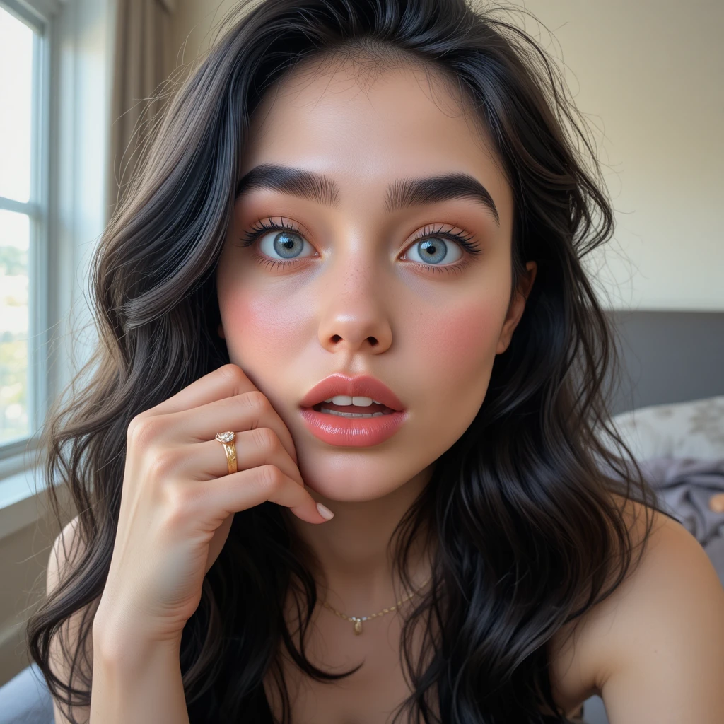 Young woman with light blue eyes poses for an intimate close-up selfie
