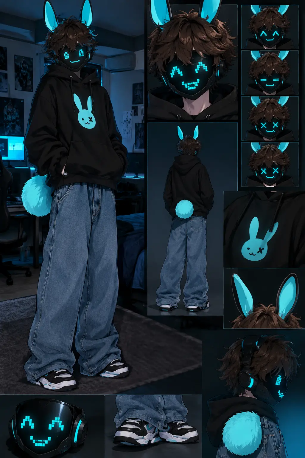 Teenage Vtuber With a Pixelated Cyan Mask and Rabbit Ears