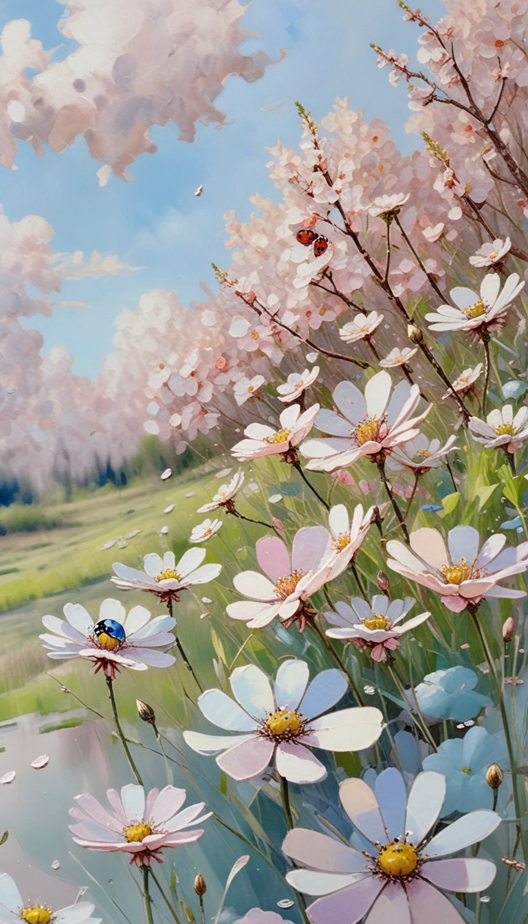 Ein Marienkäfer zwischen taufrischen Wildblumen unter einem strahlenden Frühlingshimmel