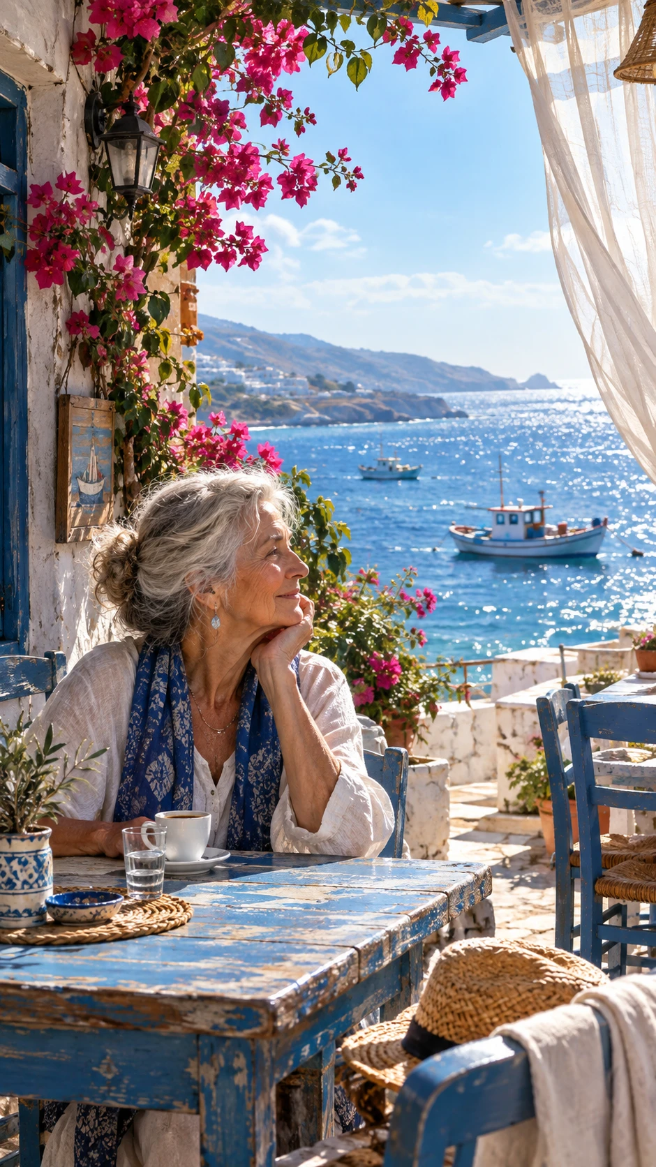 Una mujer mayor disfruta de un café en una cafetería junto al mar