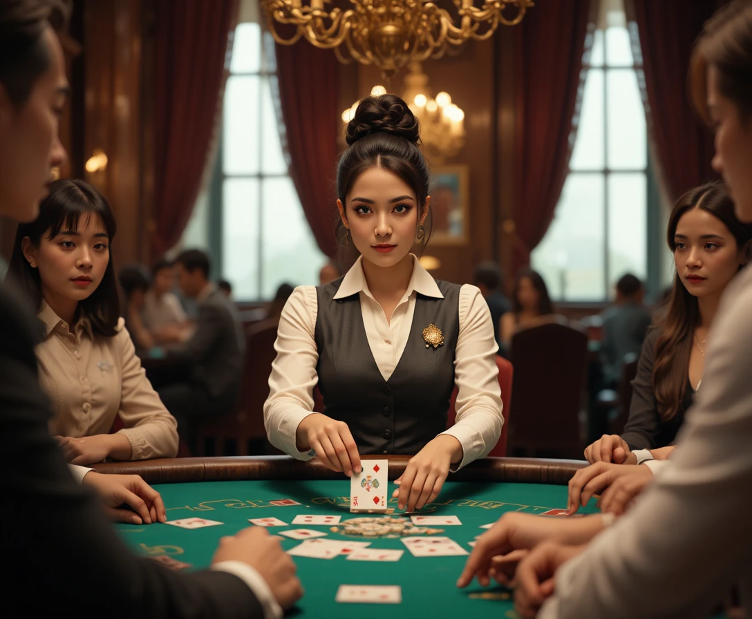 Un joven crupier reparte cartas sobre una mesa verde de casino