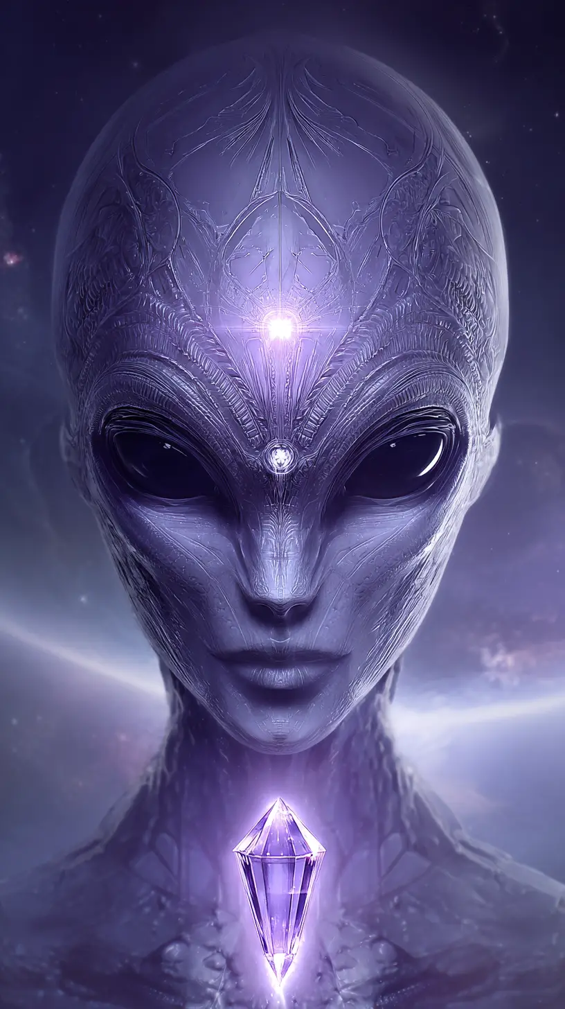 A symmetrical alien portrait with a glowing violet crystal