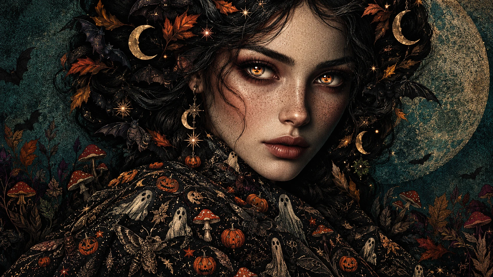 Uma mulher misteriosa com reflexos de abóboras brilhantes nos olhos