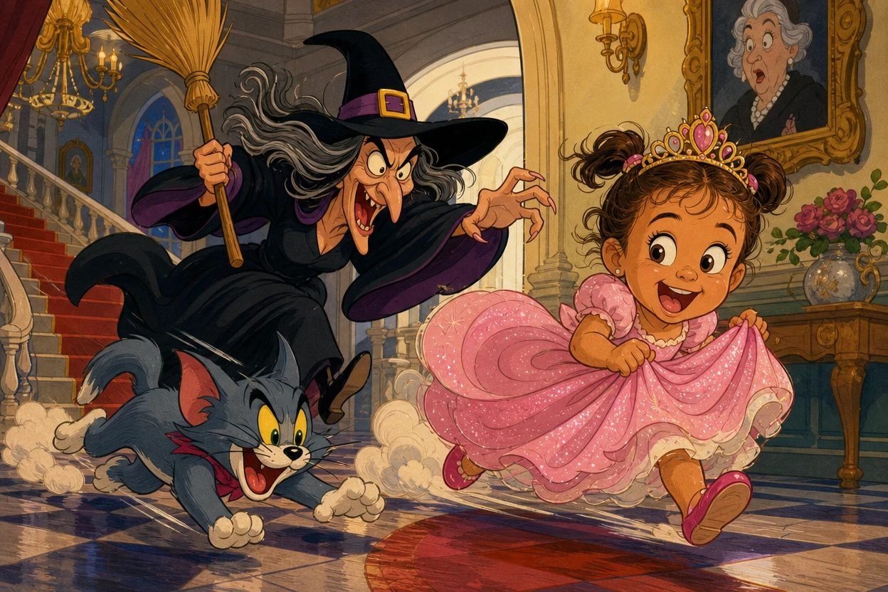 Une petite fille en costume de princesse passe en courant devant une sorcière et un chat