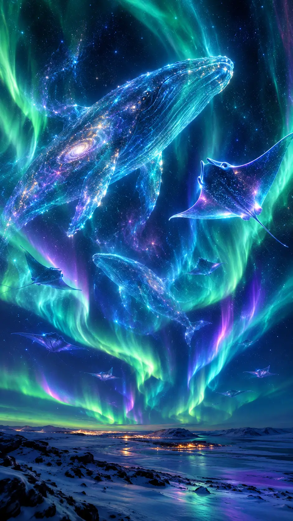 星界鯨魚與蝠魟在流動的北極光中悠游