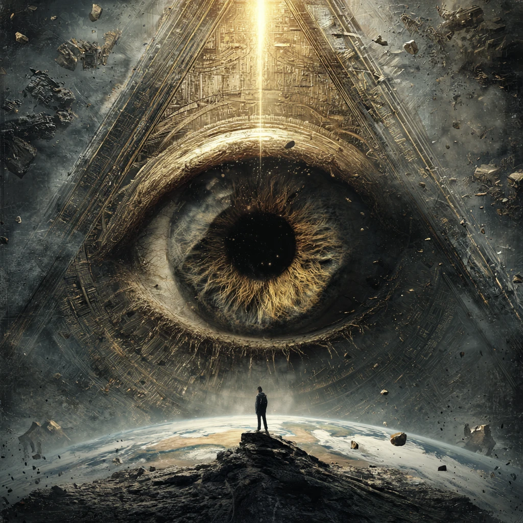 A golden eye watches from an ancient carved stone triangle