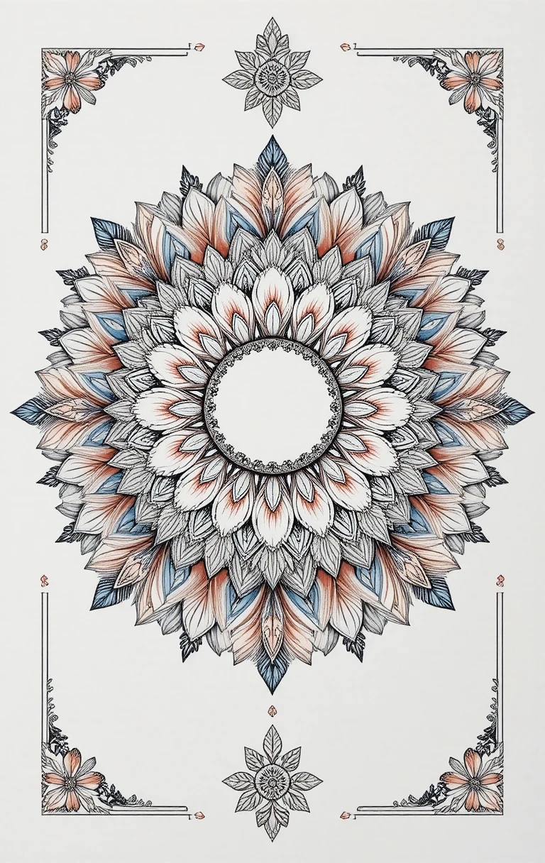 Un mandala floral symétrique remplit le cadre de pétales superposés