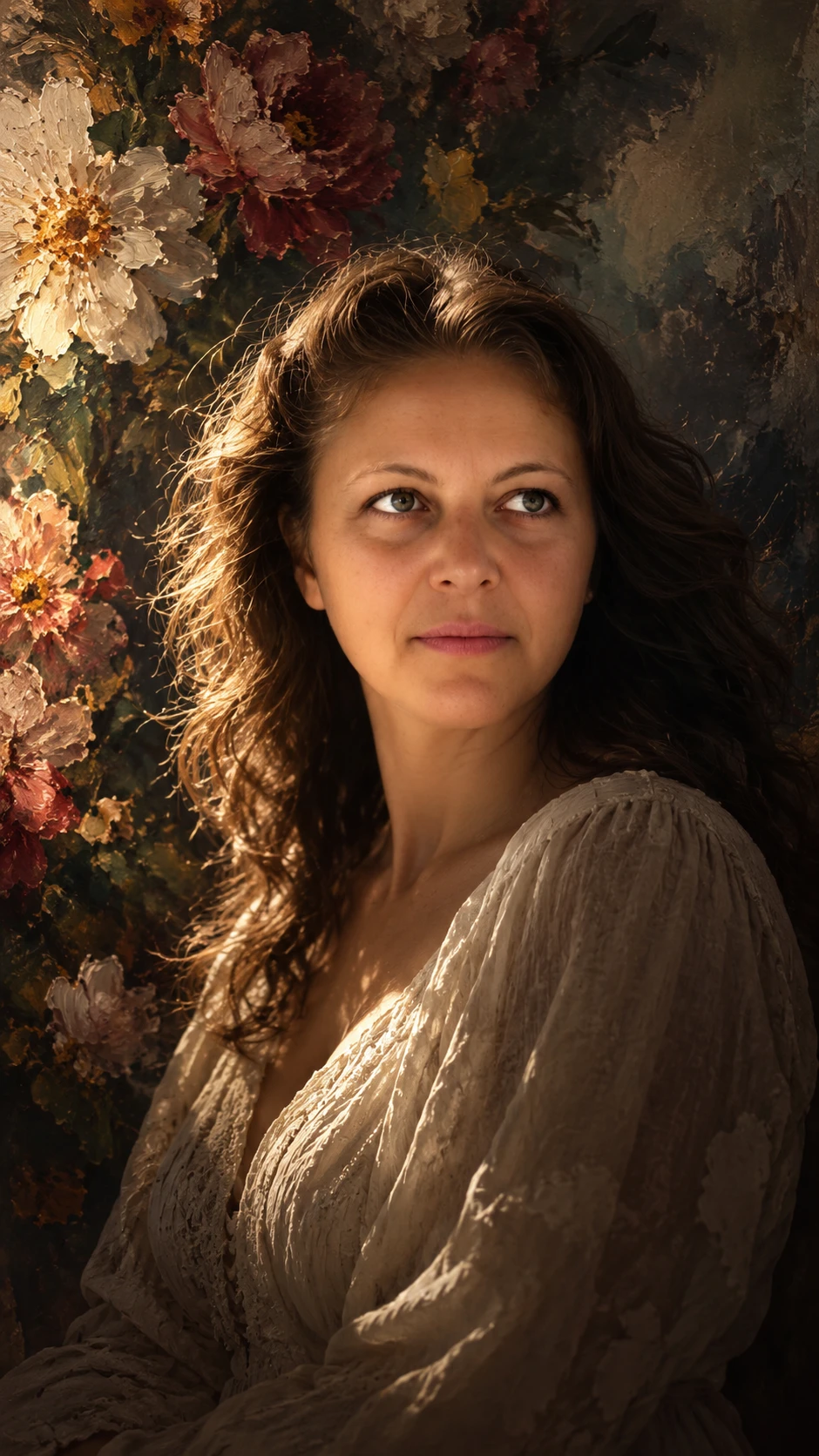 Uma mulher de meia-idade em meio a um fundo floral texturizado