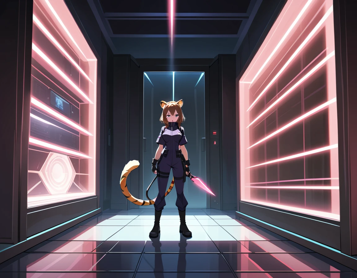 Uma mulher de anime atravessa furtivamente uma câmara-forte de museu repleta de feixes laser