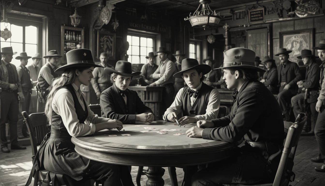 Cowgirls and outlaws face off over poker in a Western saloon