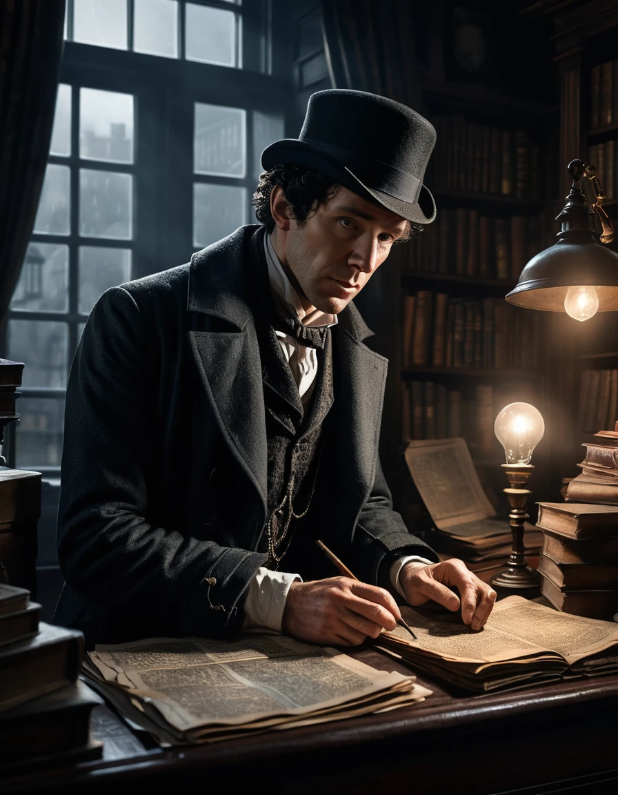 Sherlock Holmes Examines Desk Clues in a Dim Victorian London Study