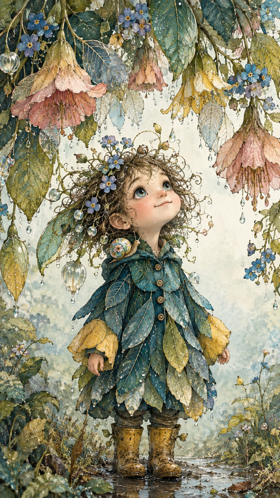 Uma criança pequena sob um fantástico dossel de flores e folhas translúcidas