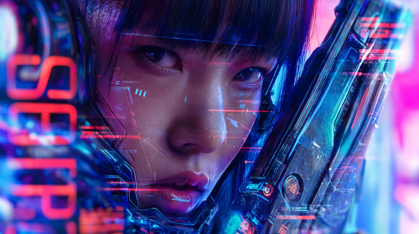 Retrato em close de uma hacker asiática com equipamento de combate cyberpunk