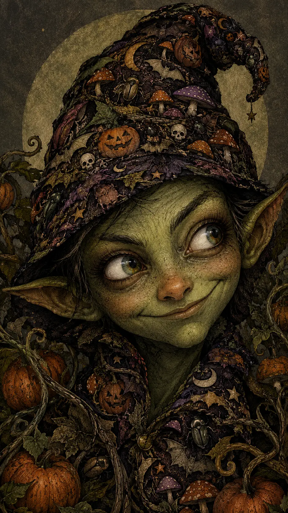 A mischievous goblin portrait framed by vines and tiny pumpkins