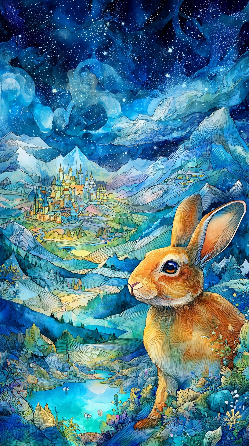 Um coelho alegre sob um céu estrelado numa paisagem fantástica e luminosa