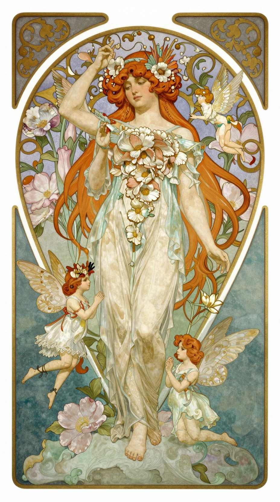 Fées et fleurs dans une peinture art nouveau