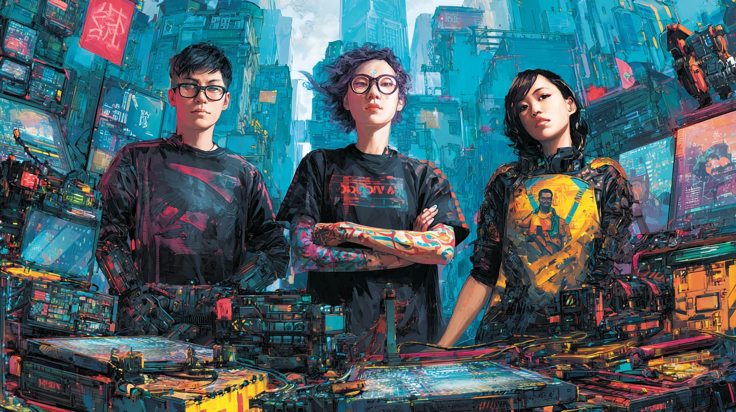 Tre hacker asiatici posano in un rifugio futuristico in un grattacielo