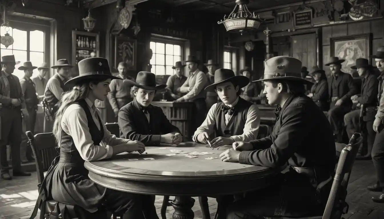 Cowgirls and outlaws face off over poker in a Western saloon