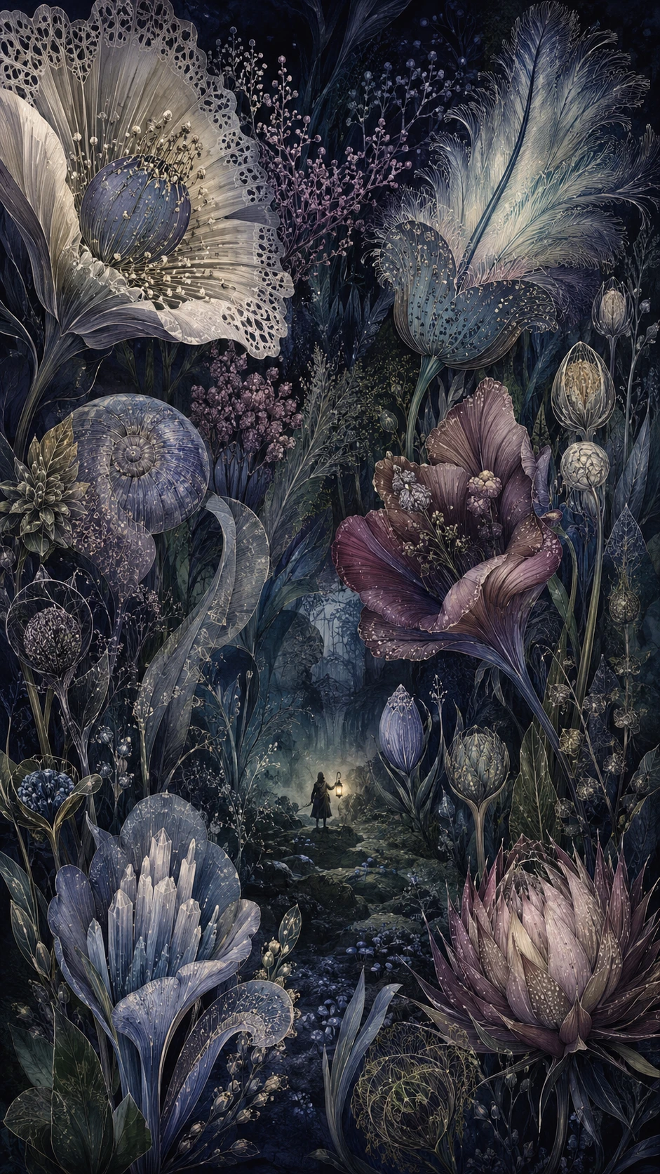 Um naturalista explora um jardim noturno de flores de outro mundo