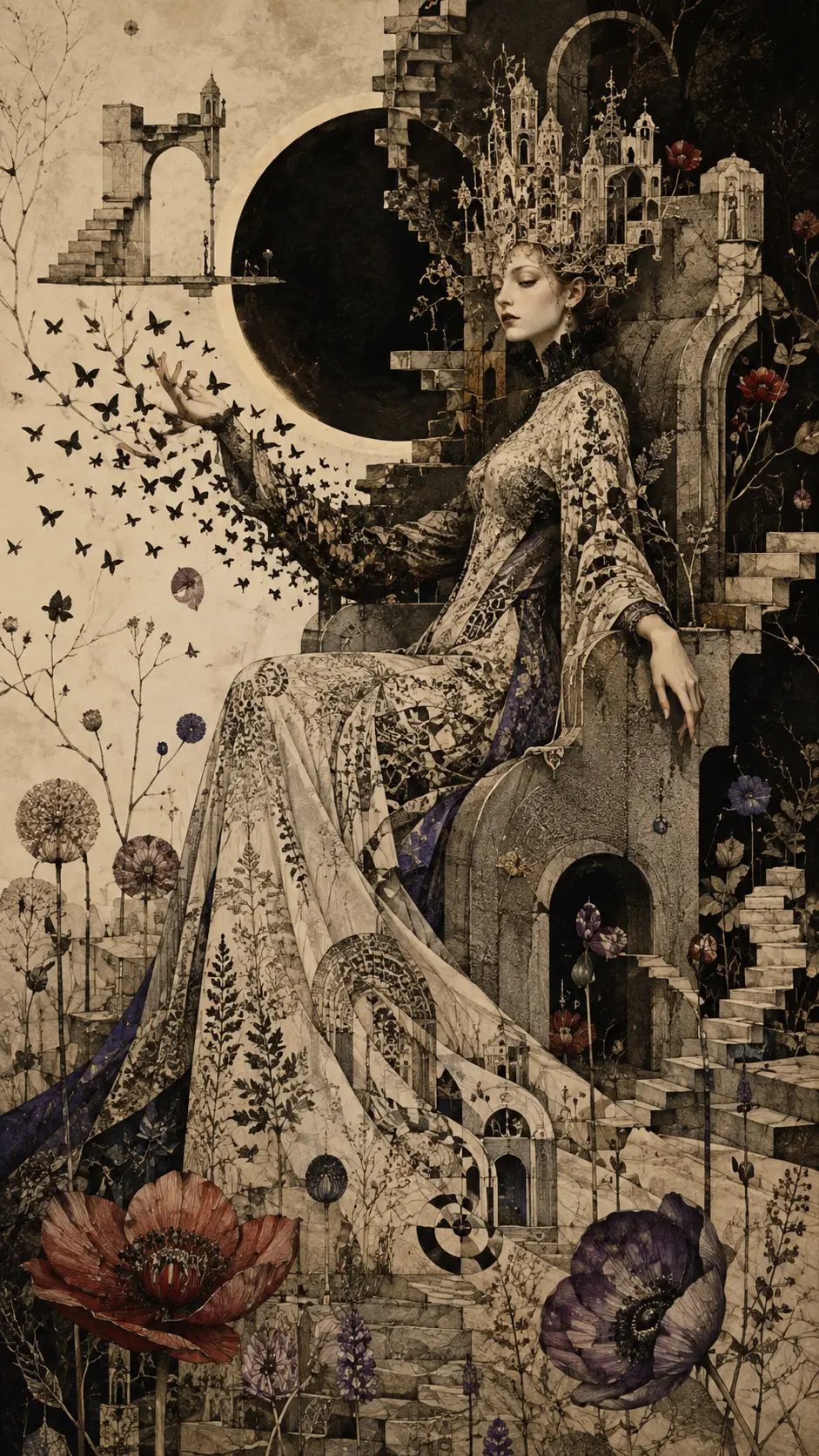 A surreal woman seated on a crooked stone chair in an unfinished garden